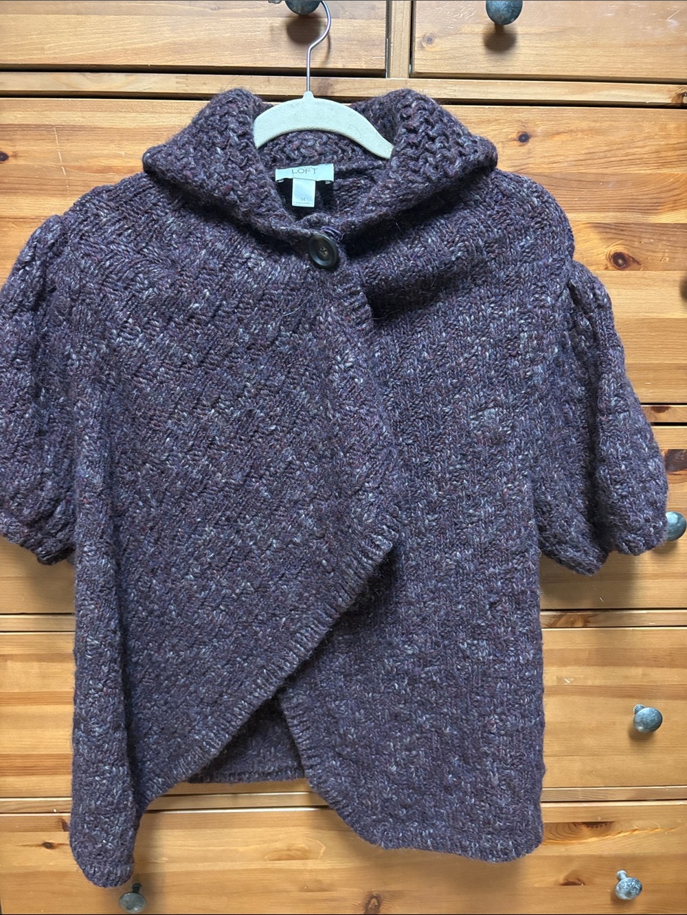 LOFT Plum Short-Sleeve Chunky Knit Shawl Collar Snap-Front Cardigan